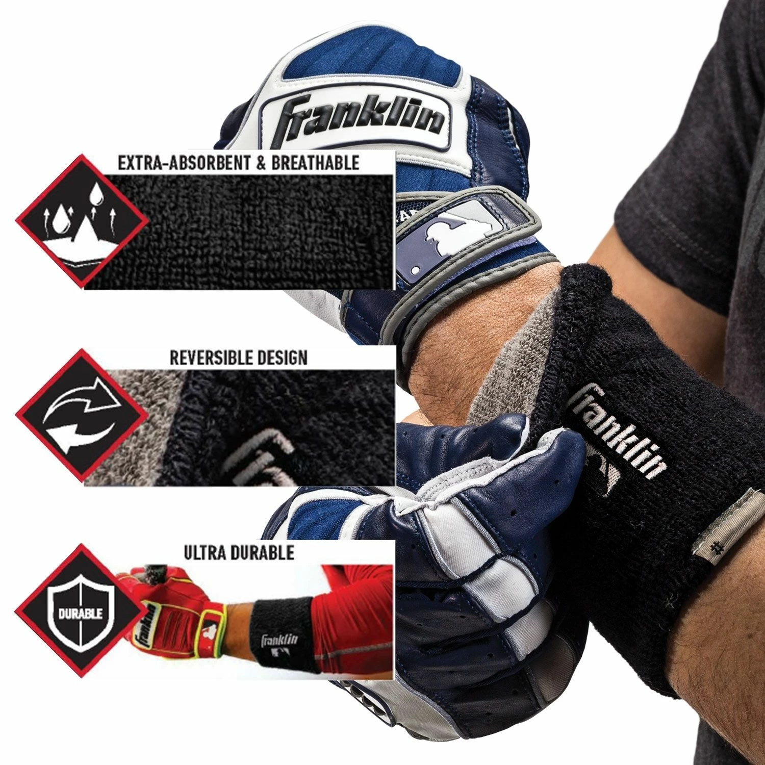 Franklin MLB® 6" X-Vent Reversible Wristbands || Pair 2 Franklin MLB® 6" X-Vent Reversible Wristbands || Pair - Image 2